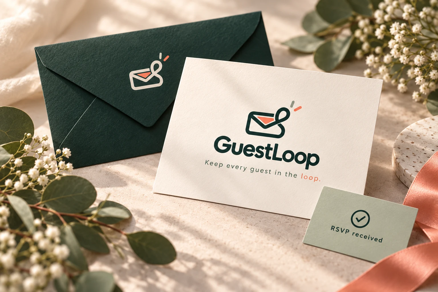 GuestLoop invitation stationery with a forest-green envelope, ivory card, eucalyptus, and RSVP confirmation.